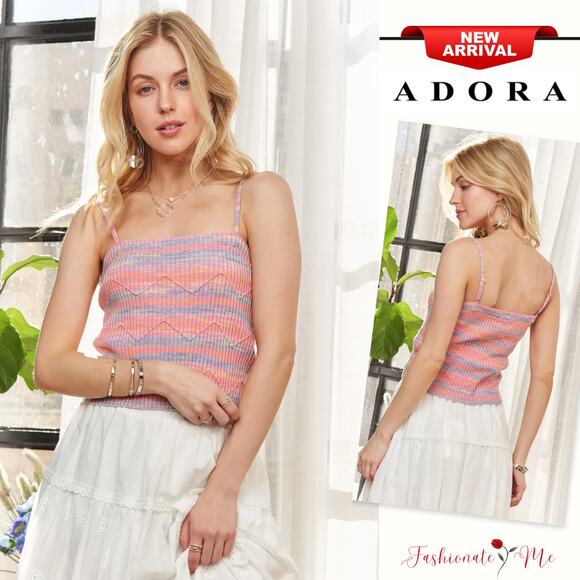ADORA Zigzag Pattern Stripe Adjustable Spaghetti Strap Rib Knit Cami Top | Pink - Picture 1 of 7